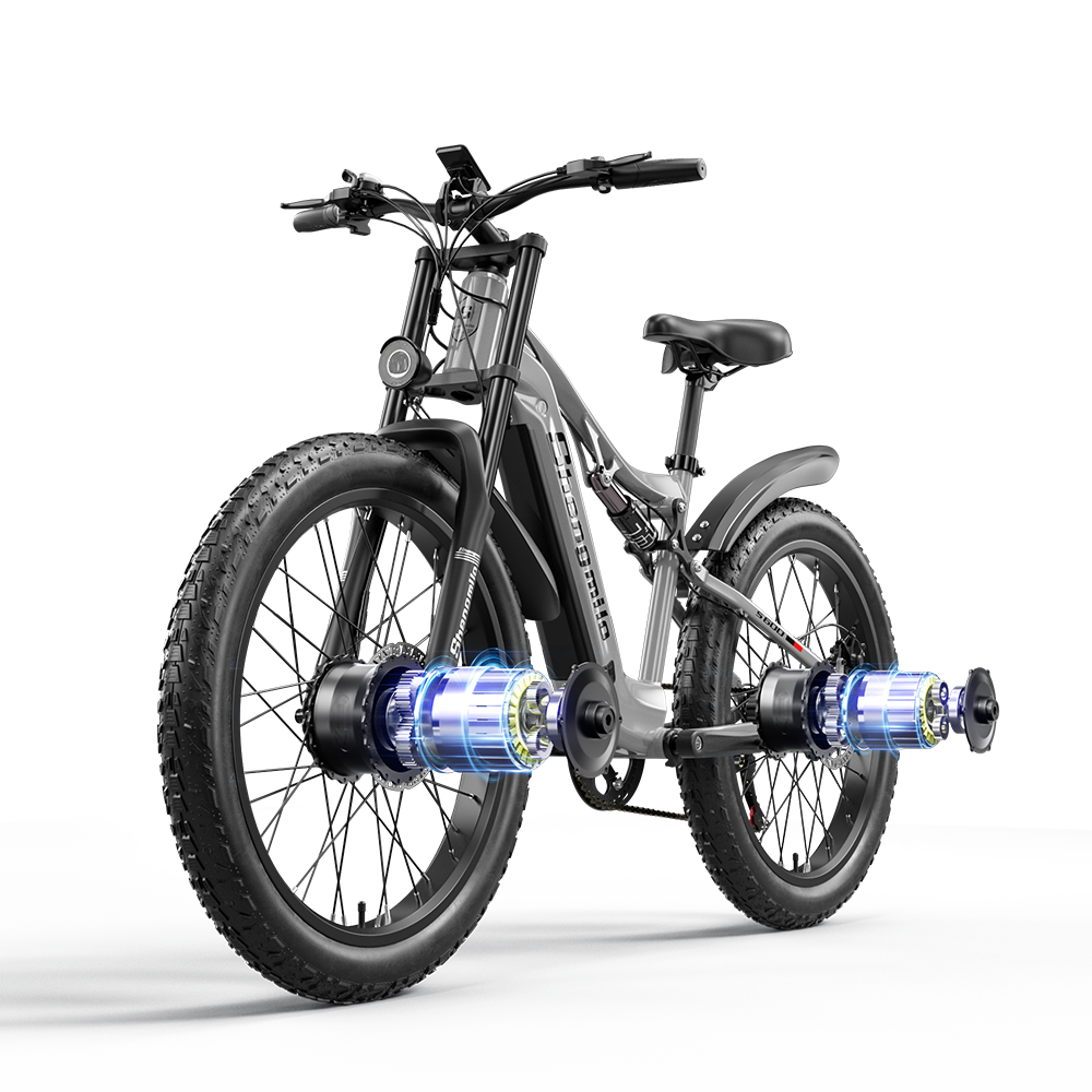 Vélo de montagne électrique S600 à double moteur (2 x 1 000 W) avec gros pneu de 26 pouces, batterie 17,5 Ah avec batterie Li-ion amovible et engrenage à 7 vitesses pour adultes Dual Suspension S600 E-Mountain Bike Dual Motor (2x1000W) 26Inch Fat Tyre Electric Bike 840WH 17.5Ah Battery with Removable Li-Ion Battery and 7 Speed Gear for Adults - Electric Maxx