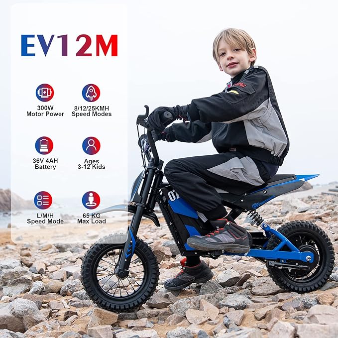 Moto électrique pour enfants EV12M avec moteur de 300 W - 15,5 MPH EV12M Kids Ride On Motorcycle, Electric Motorcycle with 300W Motor - 15.5MPH - Electric Maxx
